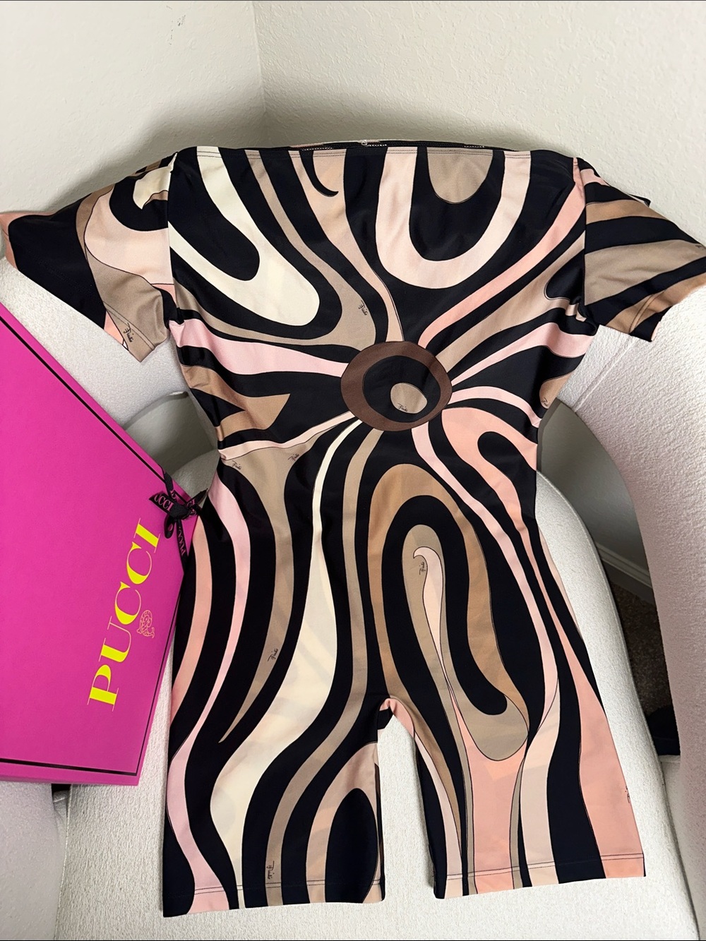 Emilio Pucci Pink, Black & Tan Abstract Swirl Romper